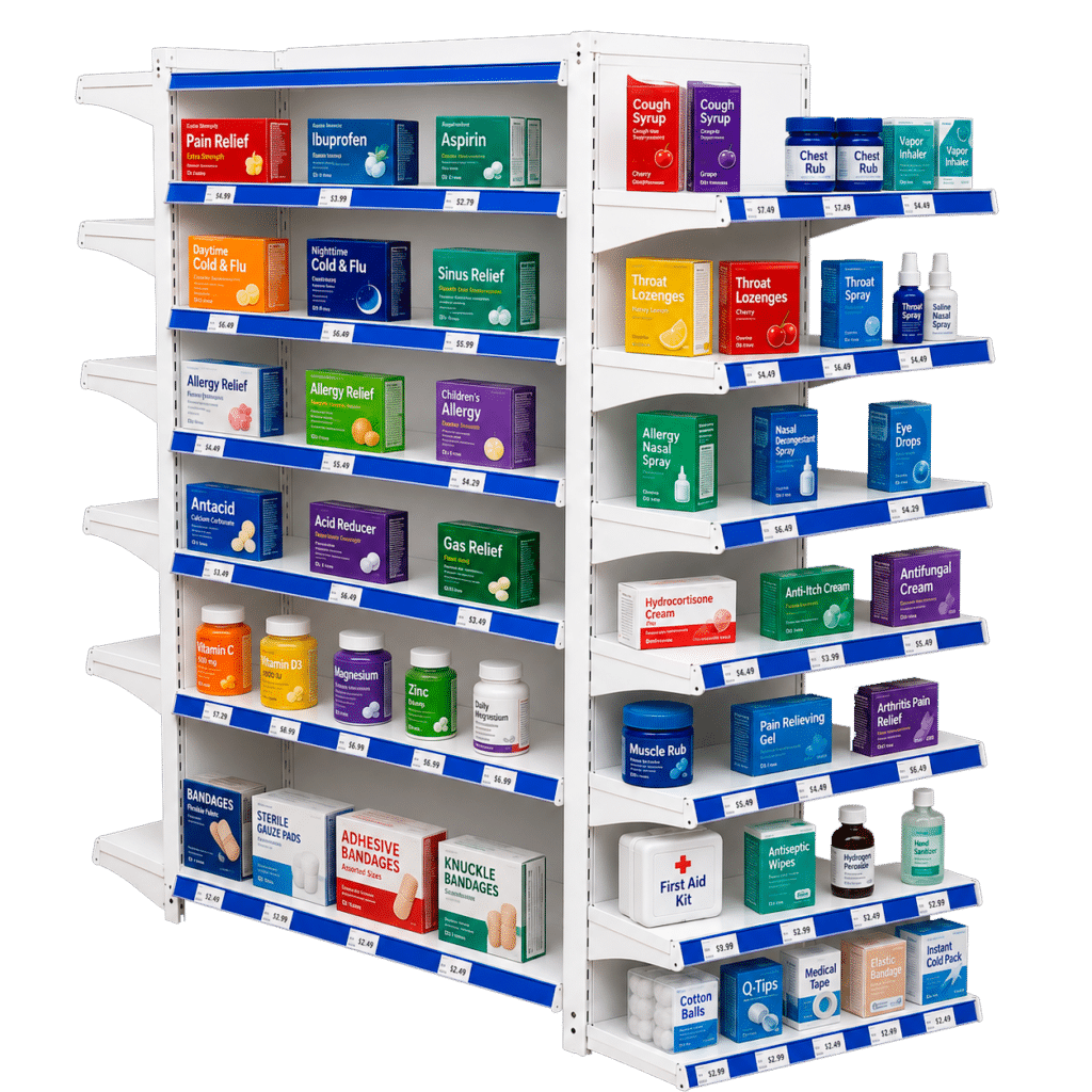 Gôndola para encartelados com ganchos para exposição organizada de produtos no ponto de venda